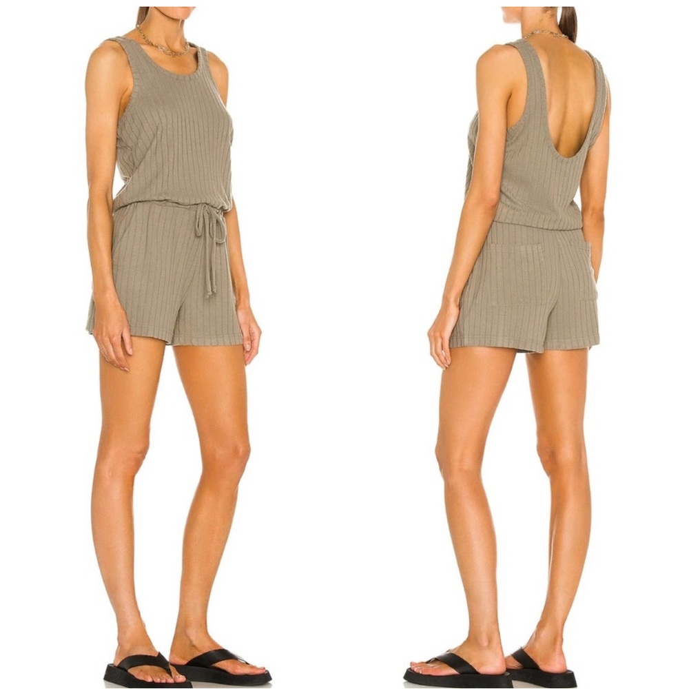 Chaser Poor Boy Rib Tank Double Scoop Romper Loungewear In Trail Green XS